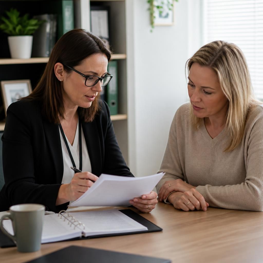 Fostering assessor reviewing assessment documents with a prospective foster carer