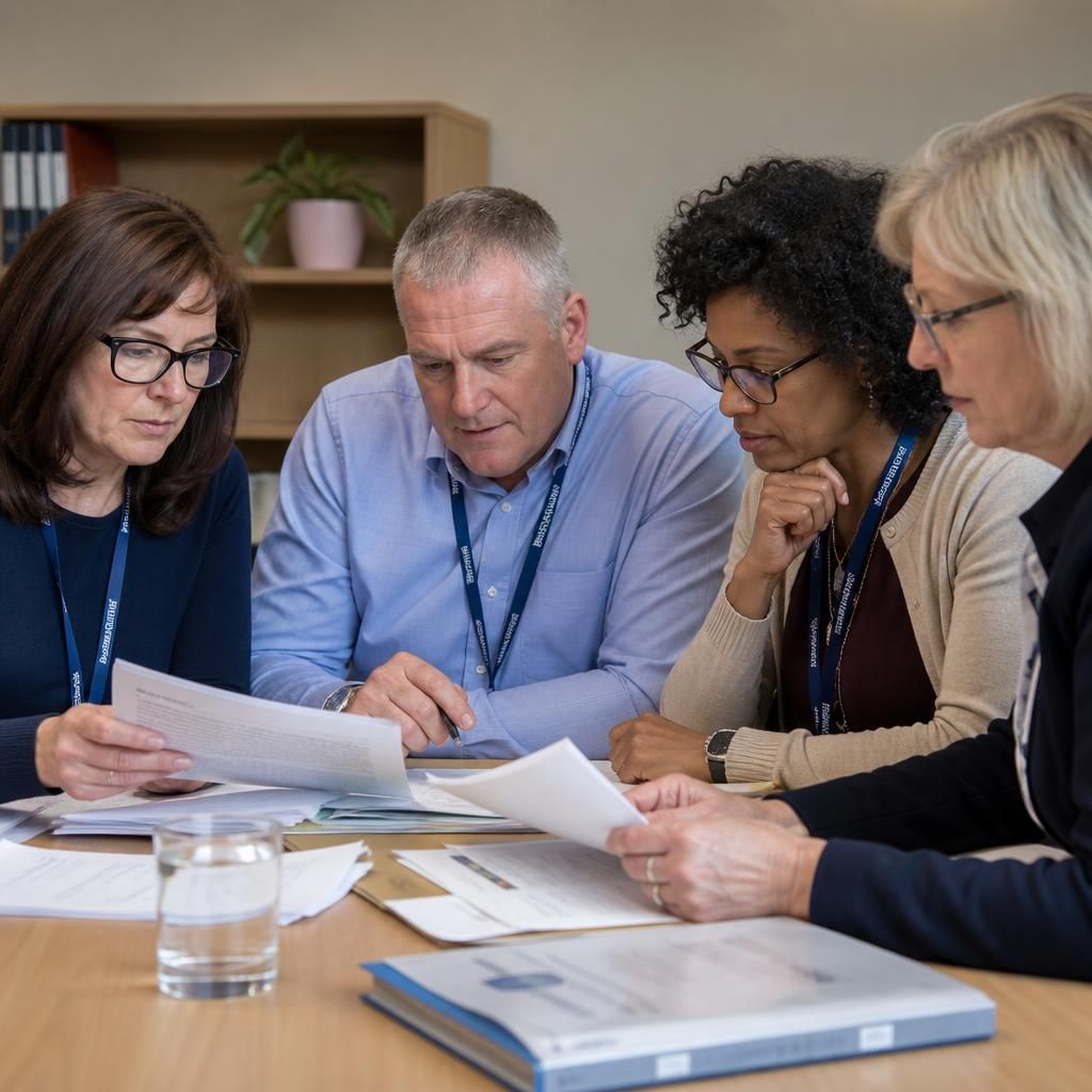 Fostering panel members reviewing an applicant’s assessment documents