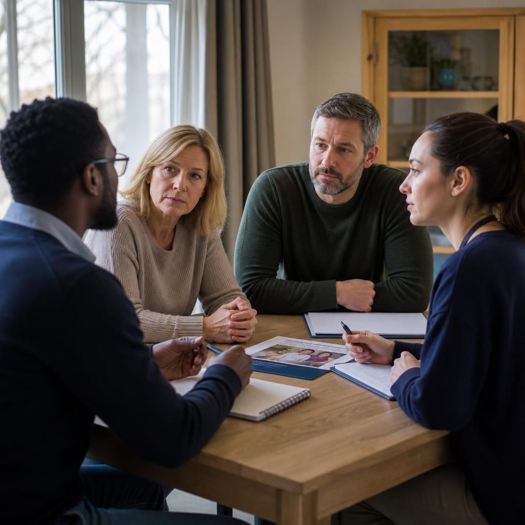 Foster carers and social workers discussing a child's care plan around a table