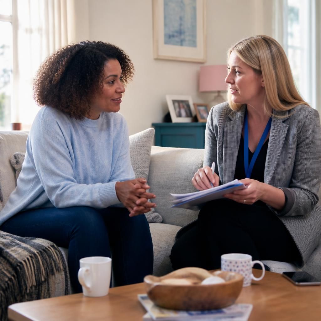 Connected carer meeting with a social worker at a family home
