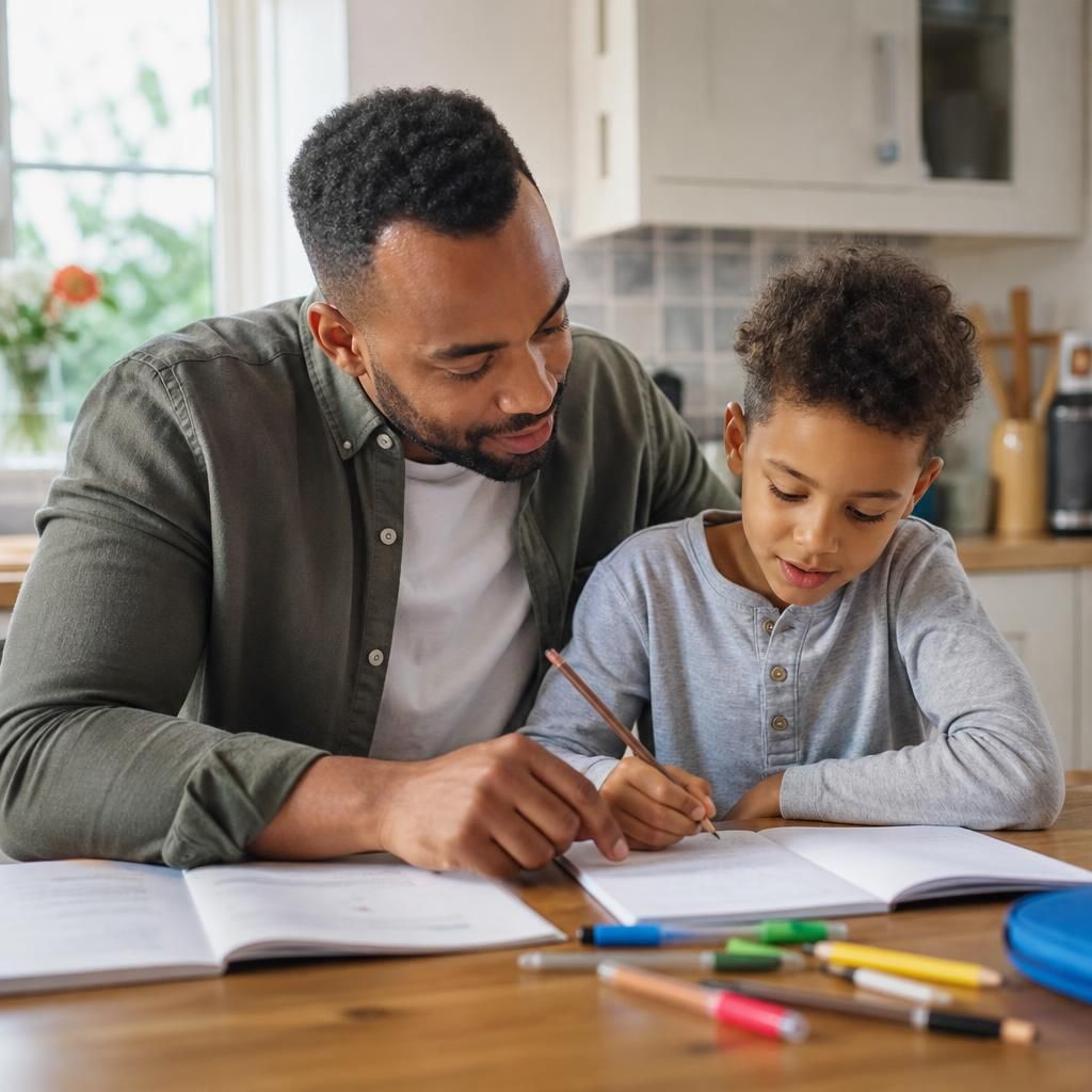 Foster carer helping a child with homework at a kitchen table
