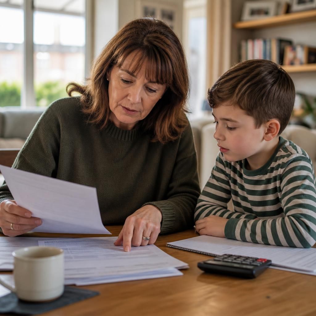 Kinship carer reviewing childcare paperwork with a child at home