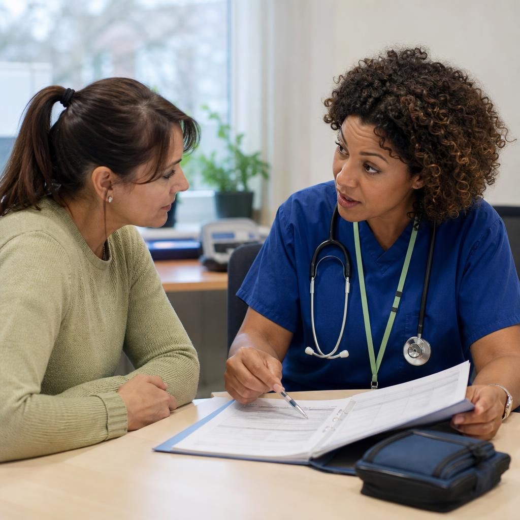 Foster carer speaking with a healthcare professional while reviewing a child’s care plan