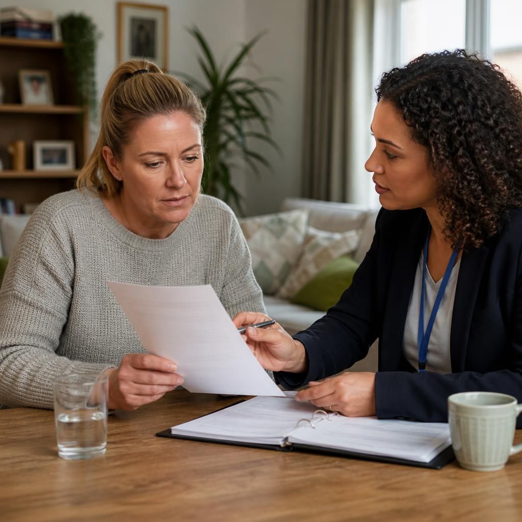 Foster carer discussing transfer documents with a social worker