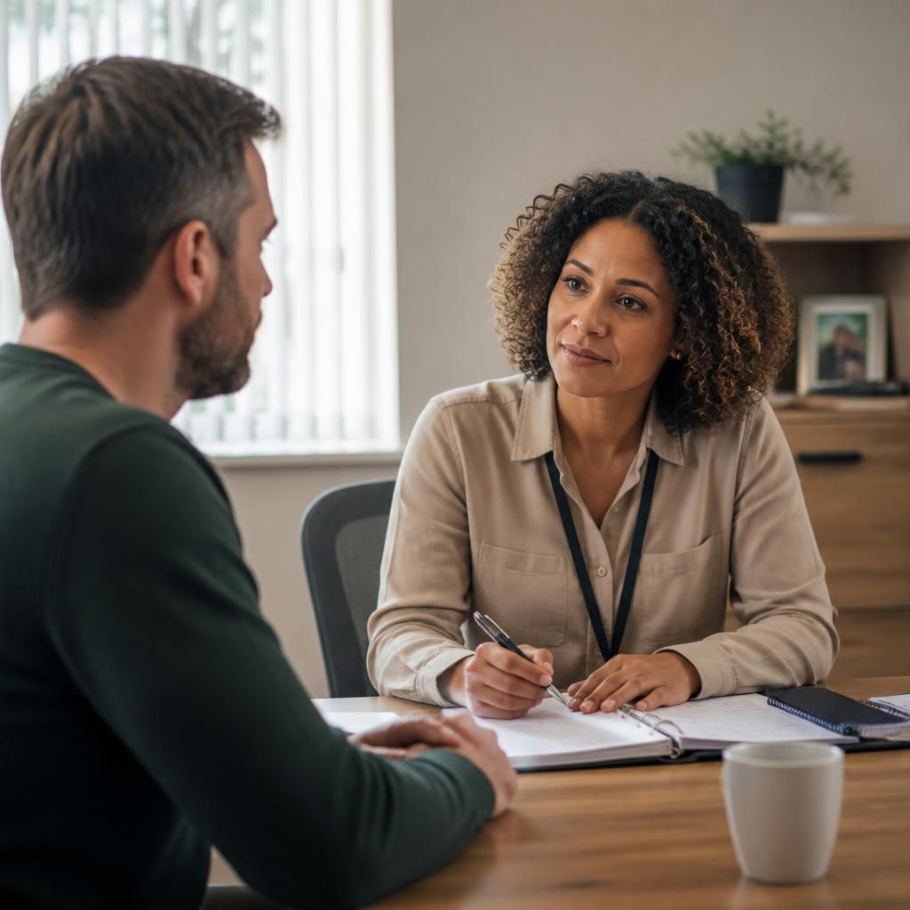 Foster carer applicant discussing background information with an assessing social worker