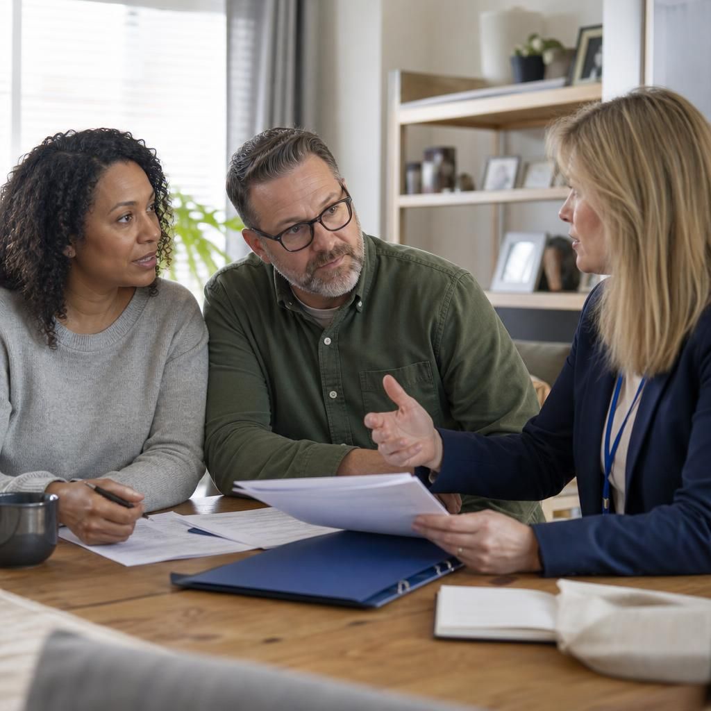 Foster carers discussing assessment paperwork with a social worker at home