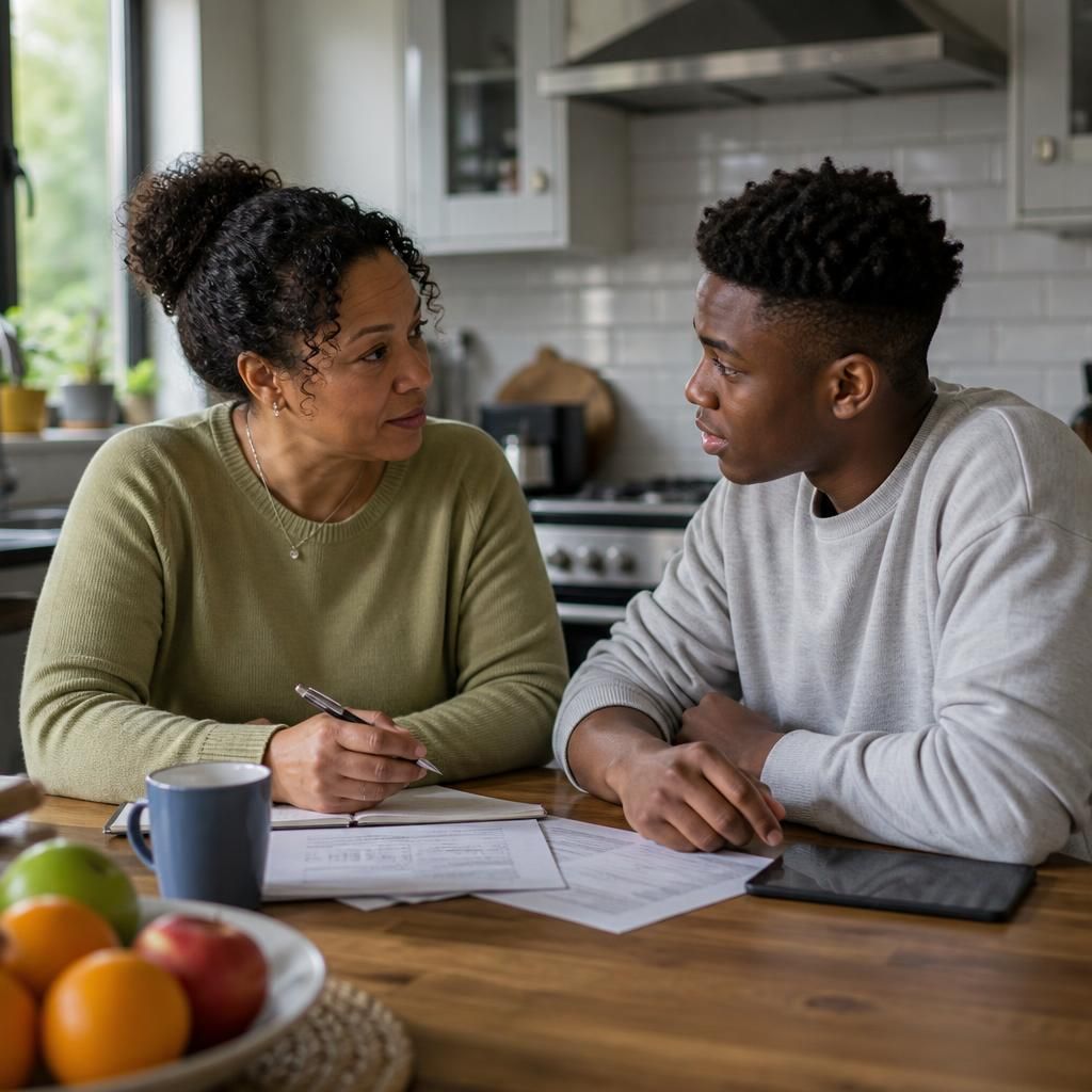 Former foster carer and young person discussing plans at a kitchen table