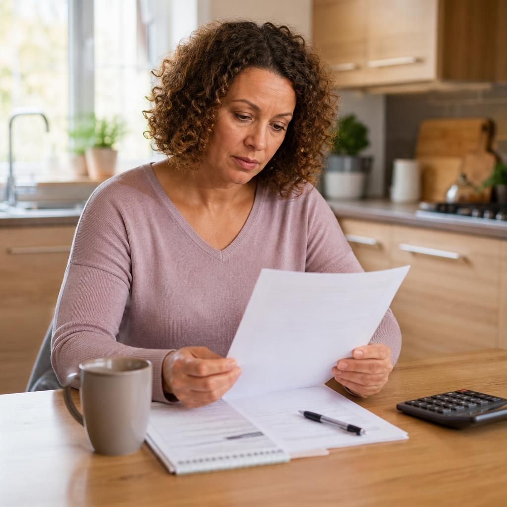 Foster carer reviewing placement paperwork at a kitchen table