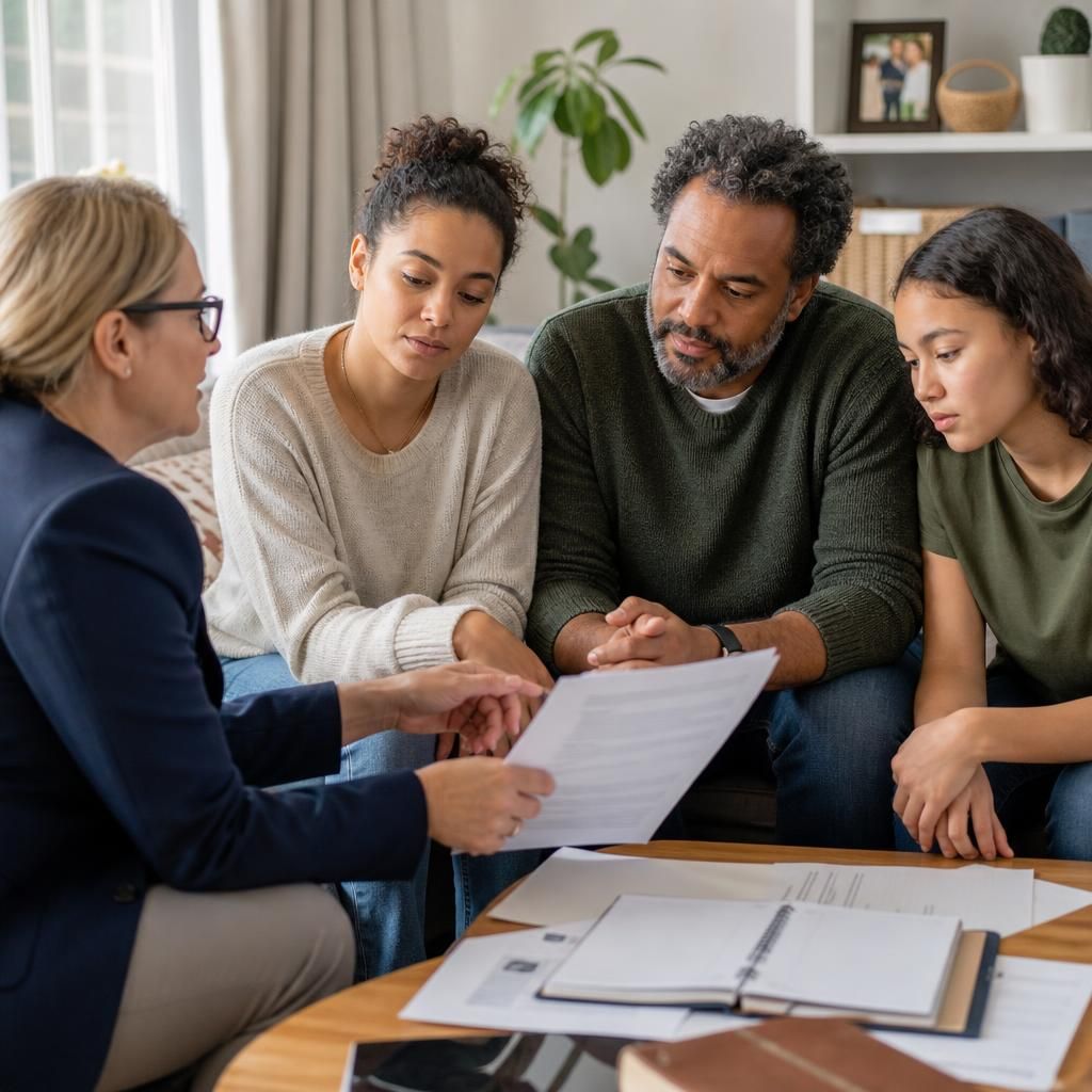 Family members discussing fostering paperwork with a social worker