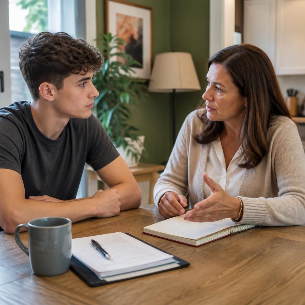 Foster carer and young adult discussing next steps at a table