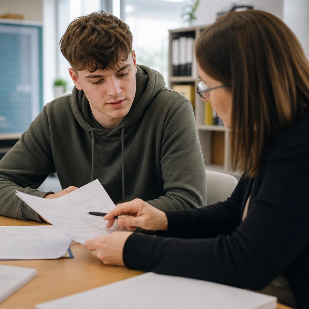 Young care leaver discussing financial paperwork with a personal adviser