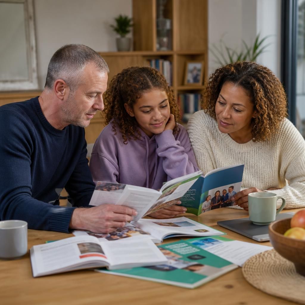 Family looking at books and information together