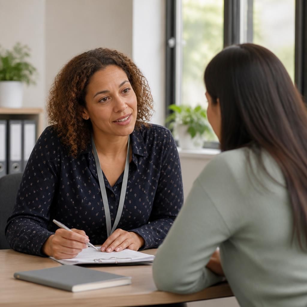 Foster carer discussing work and childcare arrangements with an adviser