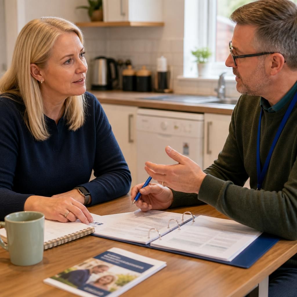 Foster carer discussing practical household arrangements with a support worker