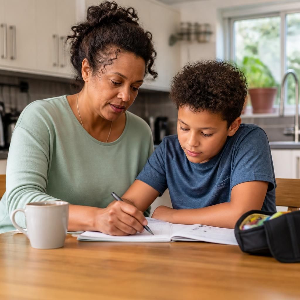 Relative helping a child with homework at the kitchen table