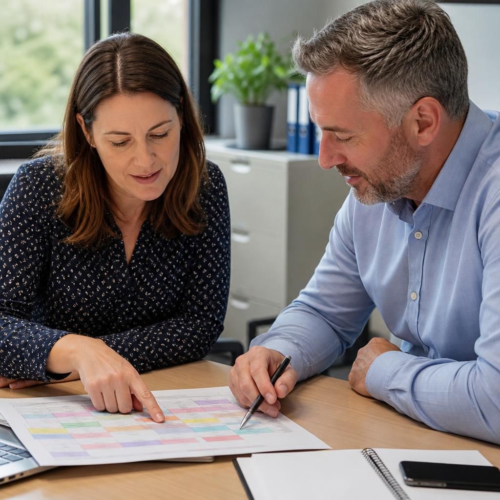 Employee and manager reviewing a foster carer training timetable