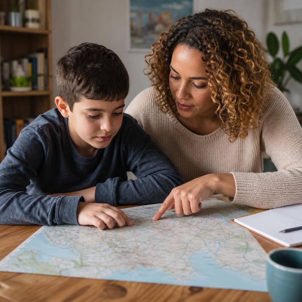 Foster carer and child checking a holiday map together