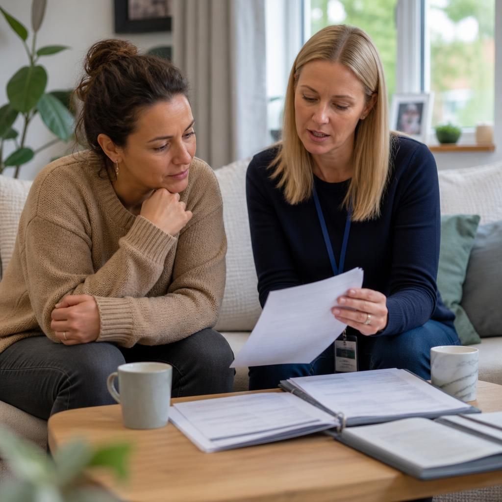 Foster carer reviewing placement documents with a social worker