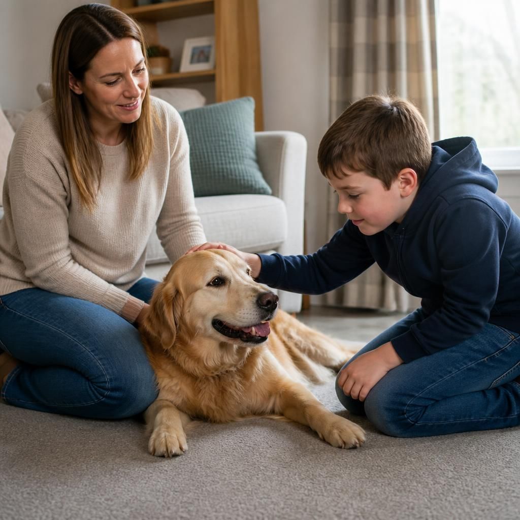 Foster carer supervising a child as they gently interact with a family dog