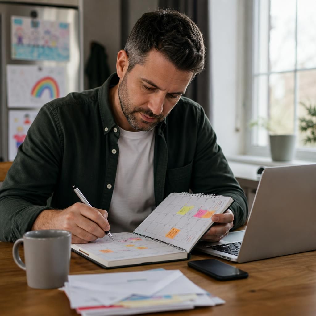 Foster carer reviewing a work calendar and childcare arrangements at home