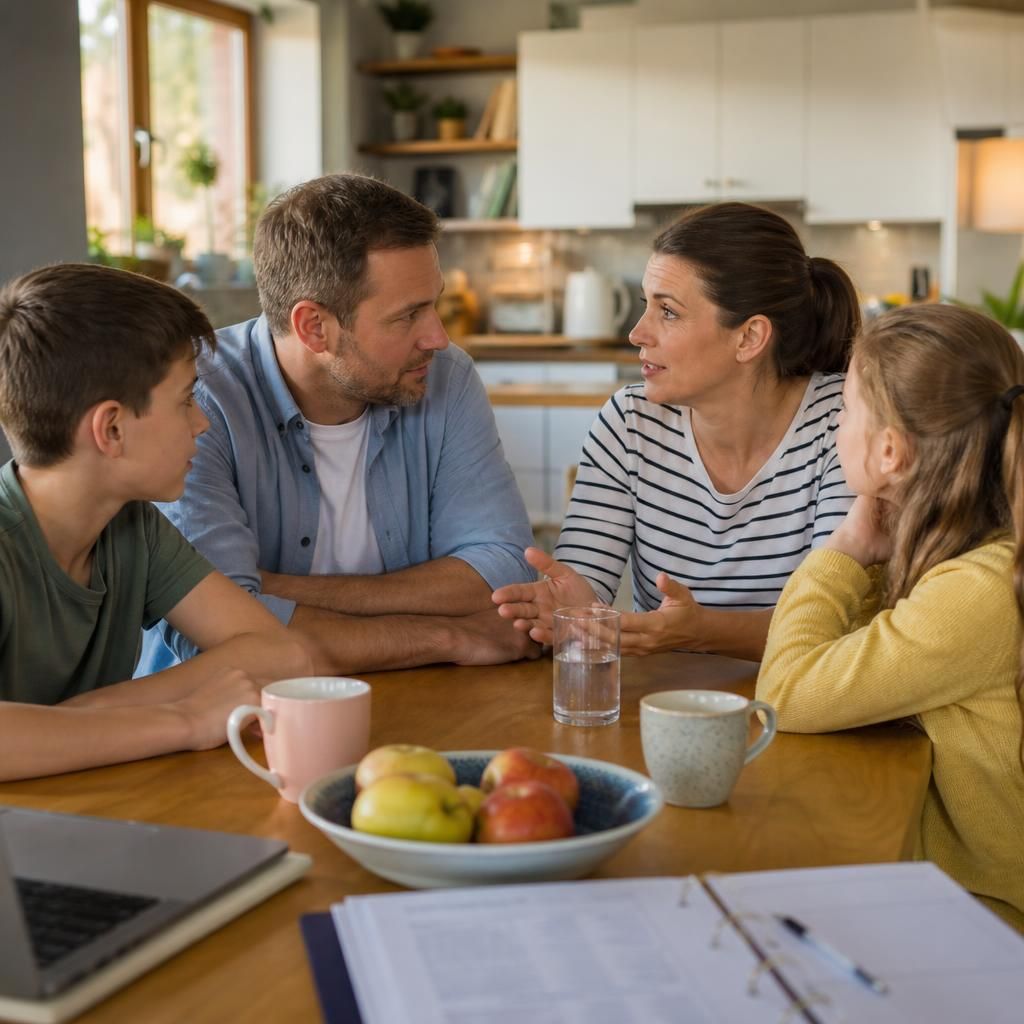 Children and adults discussing fostering around a kitchen table