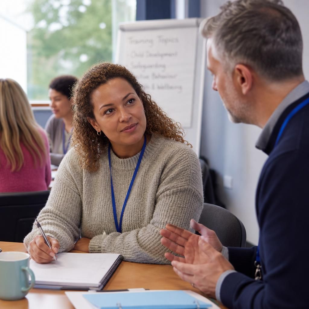 Foster carer taking notes during a training session with a tutor