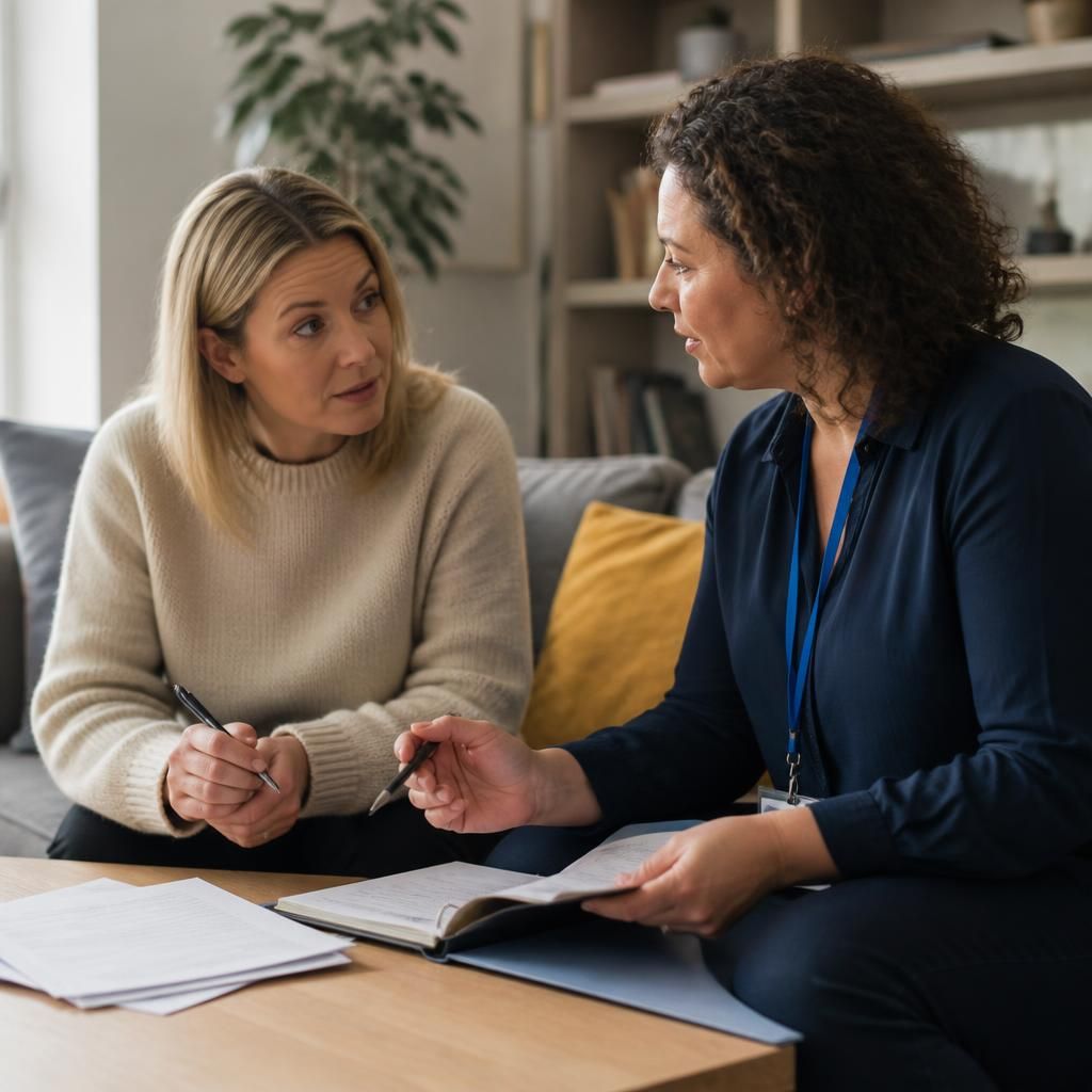 Social worker discussing fostering paperwork with a prospective carer