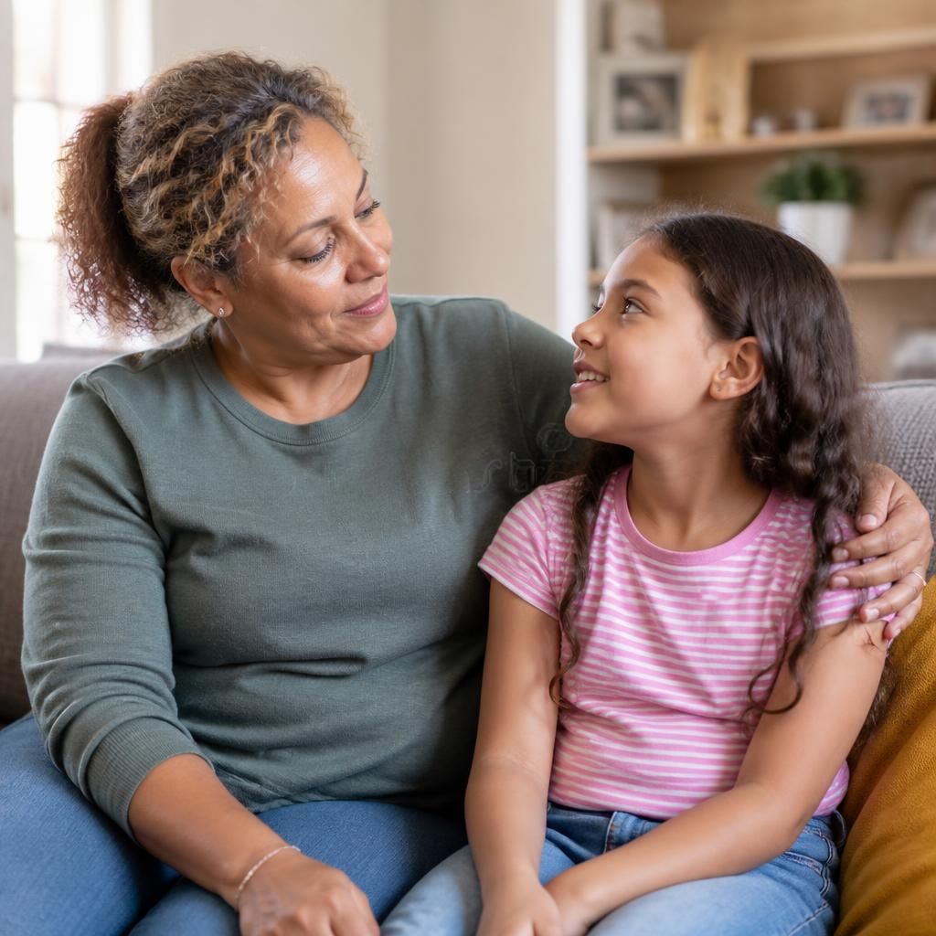 Adult and child sitting together in a family home