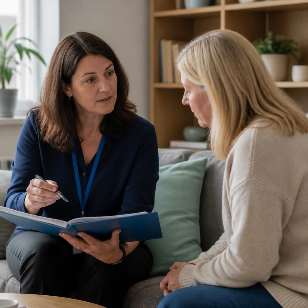 Foster carer discussing a child's placement details with a social worker