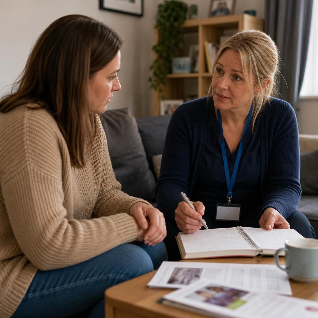 Foster carer and social worker discussing a child's daily routine at home