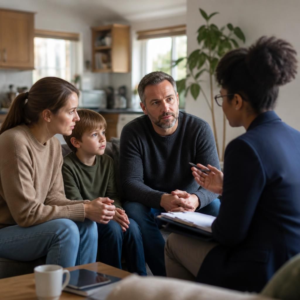 Child, parent and private foster carer speaking with a social worker in a family home