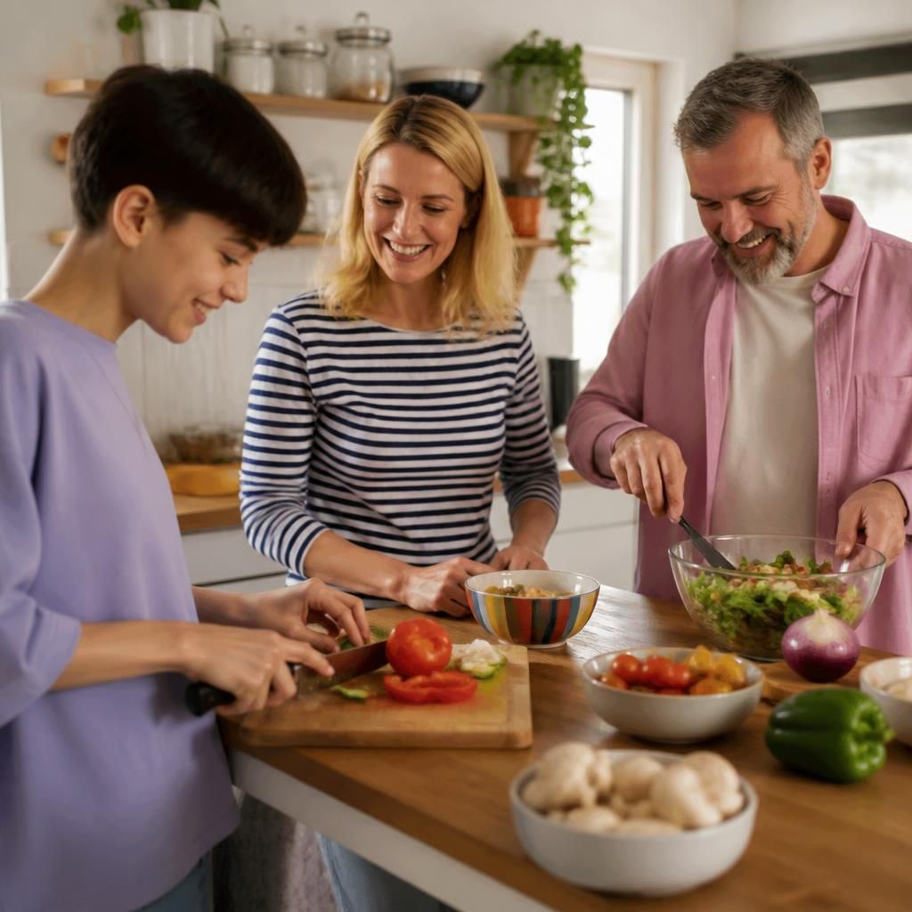 Foster family preparing a meal together