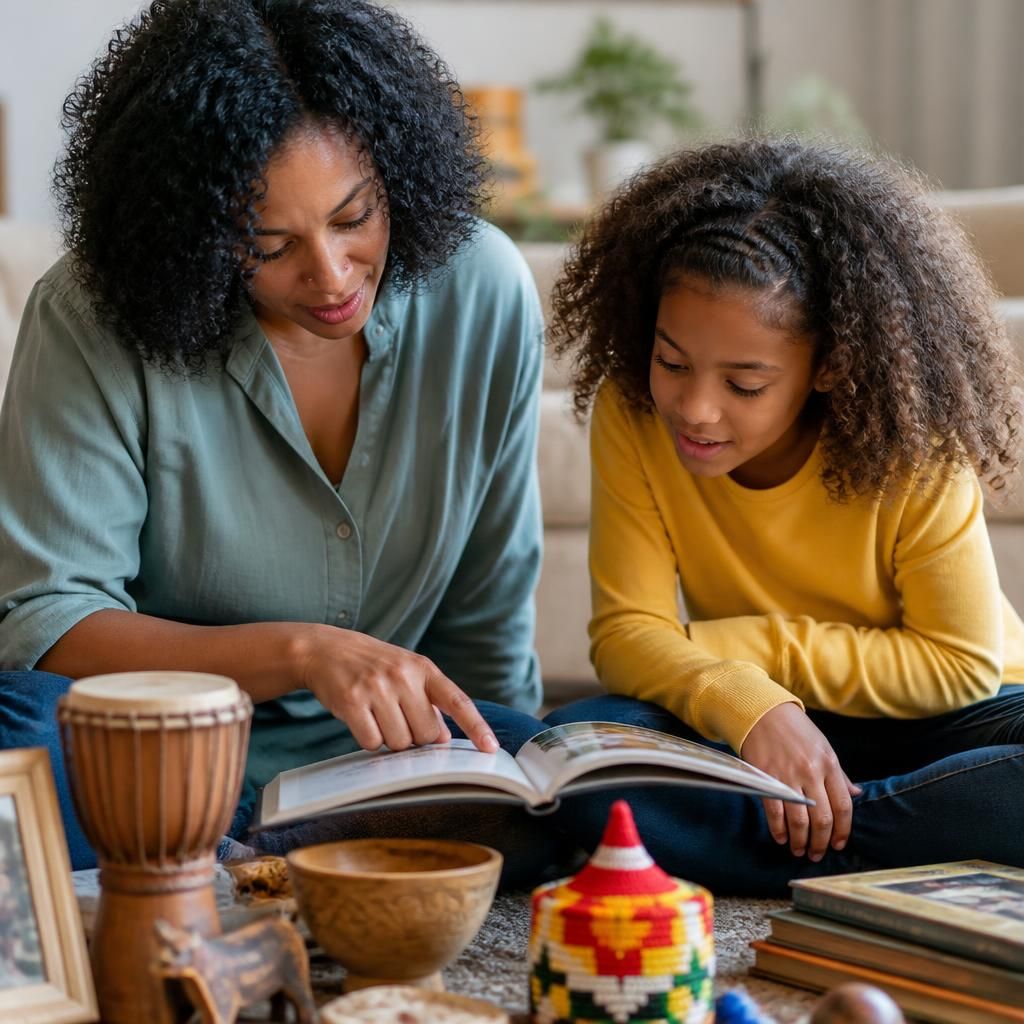 Foster carer and child exploring books and cultural items together