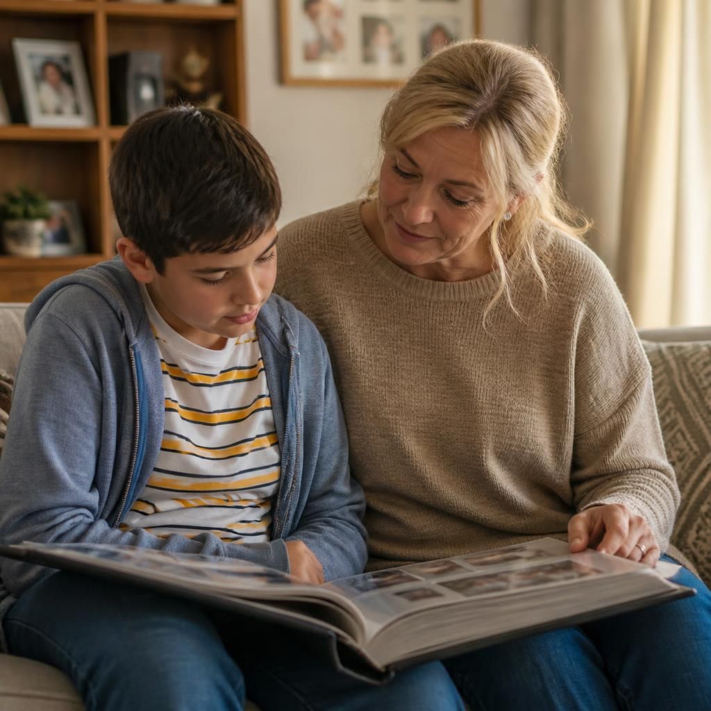 Foster carer and child looking through a family photo album together
