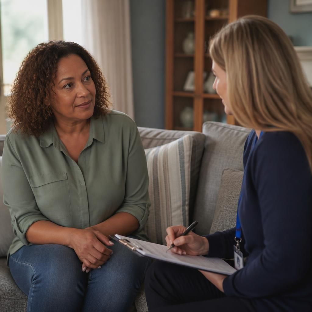 Foster carer speaking with a social worker during a home visit