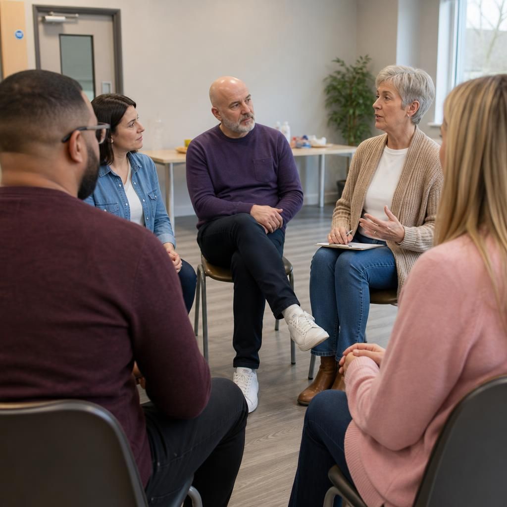 Foster carers seated in a group discussion with a facilitator