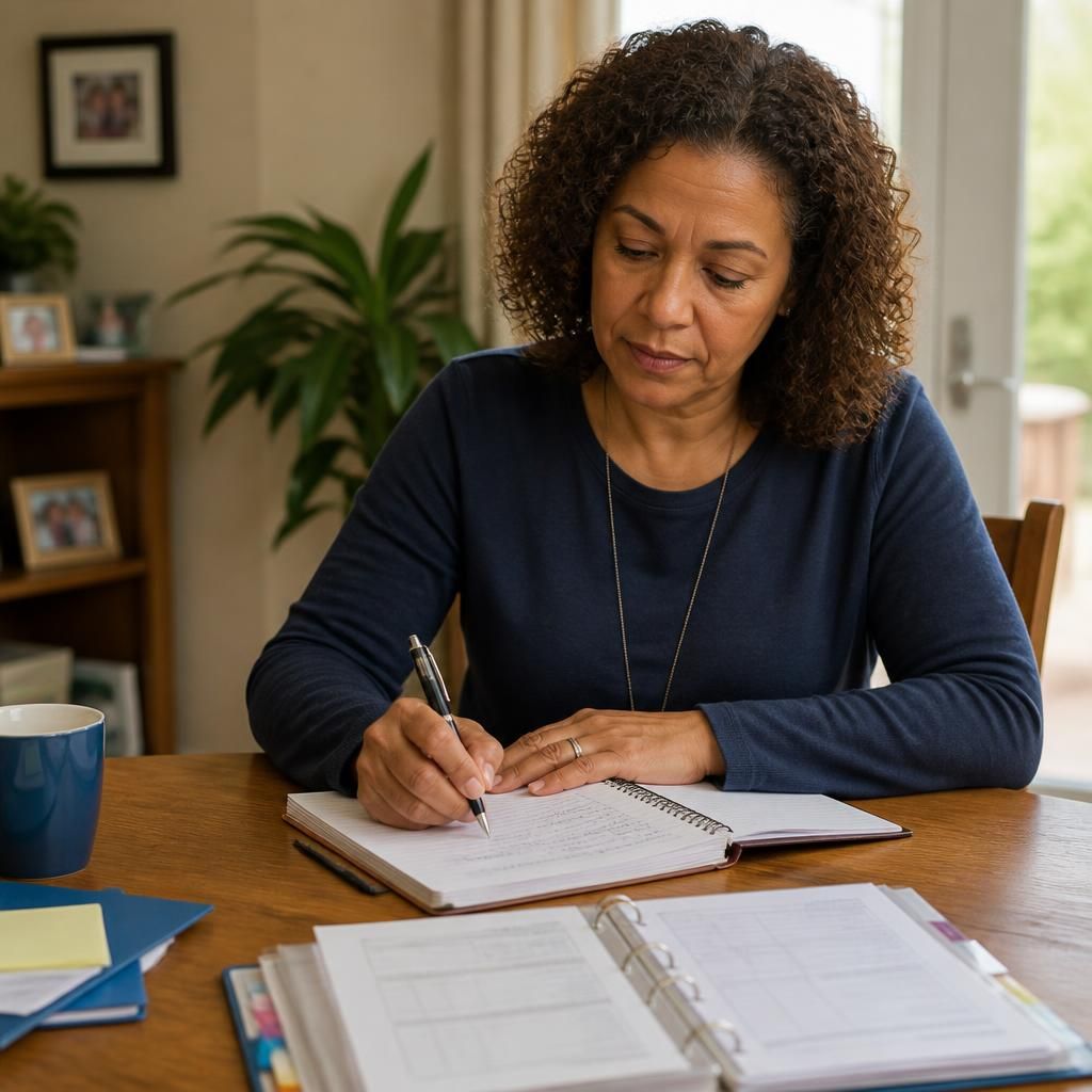 Foster carer writing notes in a child’s care record at a table