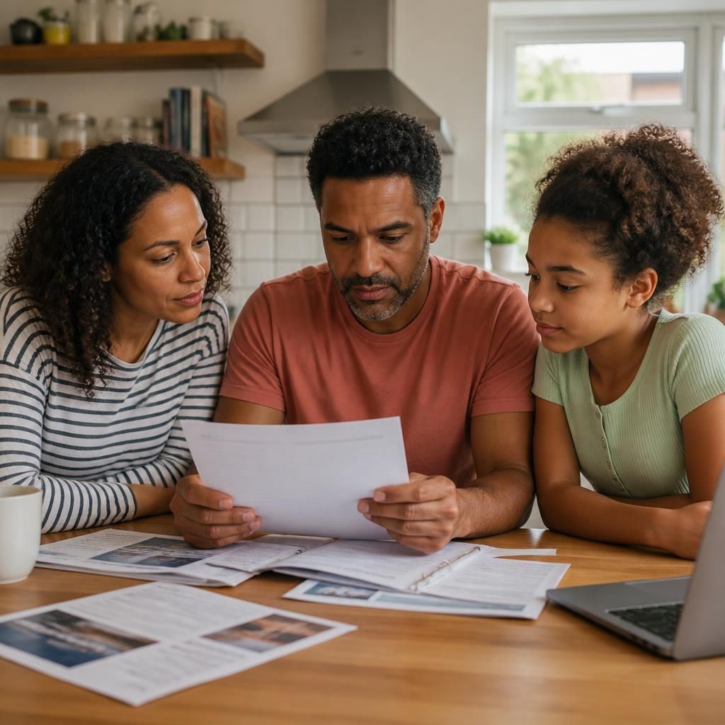 Family reviewing foster care training materials together at a kitchen table
