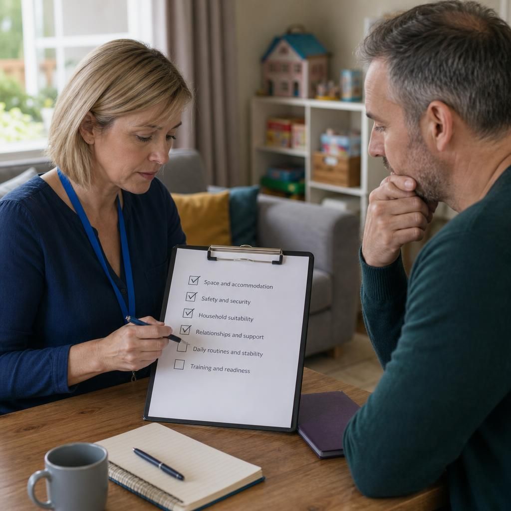 A home assessment checklist showing space, safety and household suitability for fostering