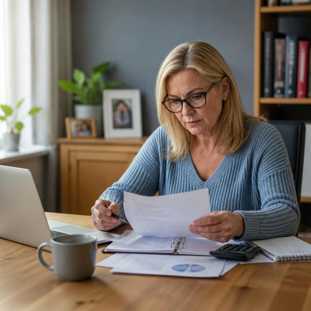 Foster carer reviewing payment records and tax documents at a desk