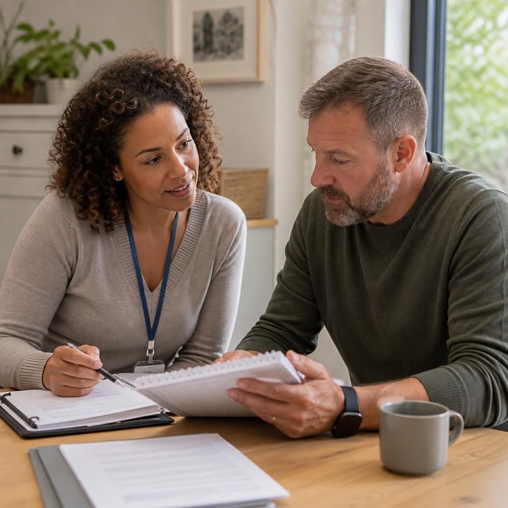 Foster carer reviewing training notes with an assessing social worker