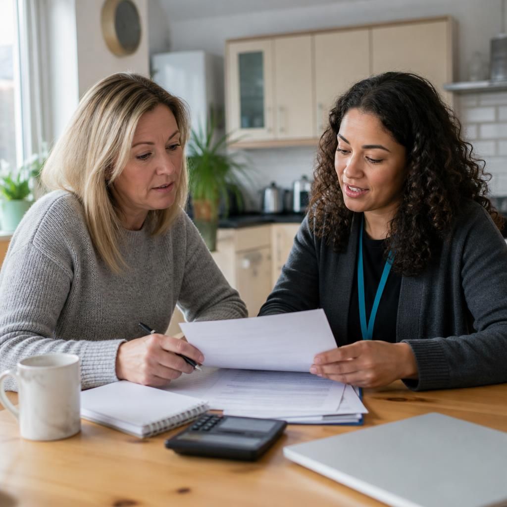 Foster carer reviewing allowance documents with a fostering support worker