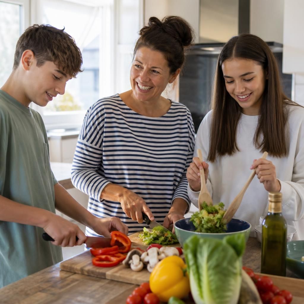 Foster family preparing a meal together at home