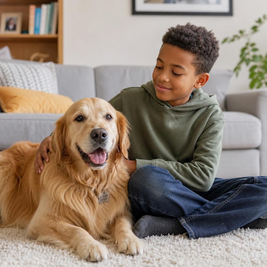 A dog sitting beside a child in a family home