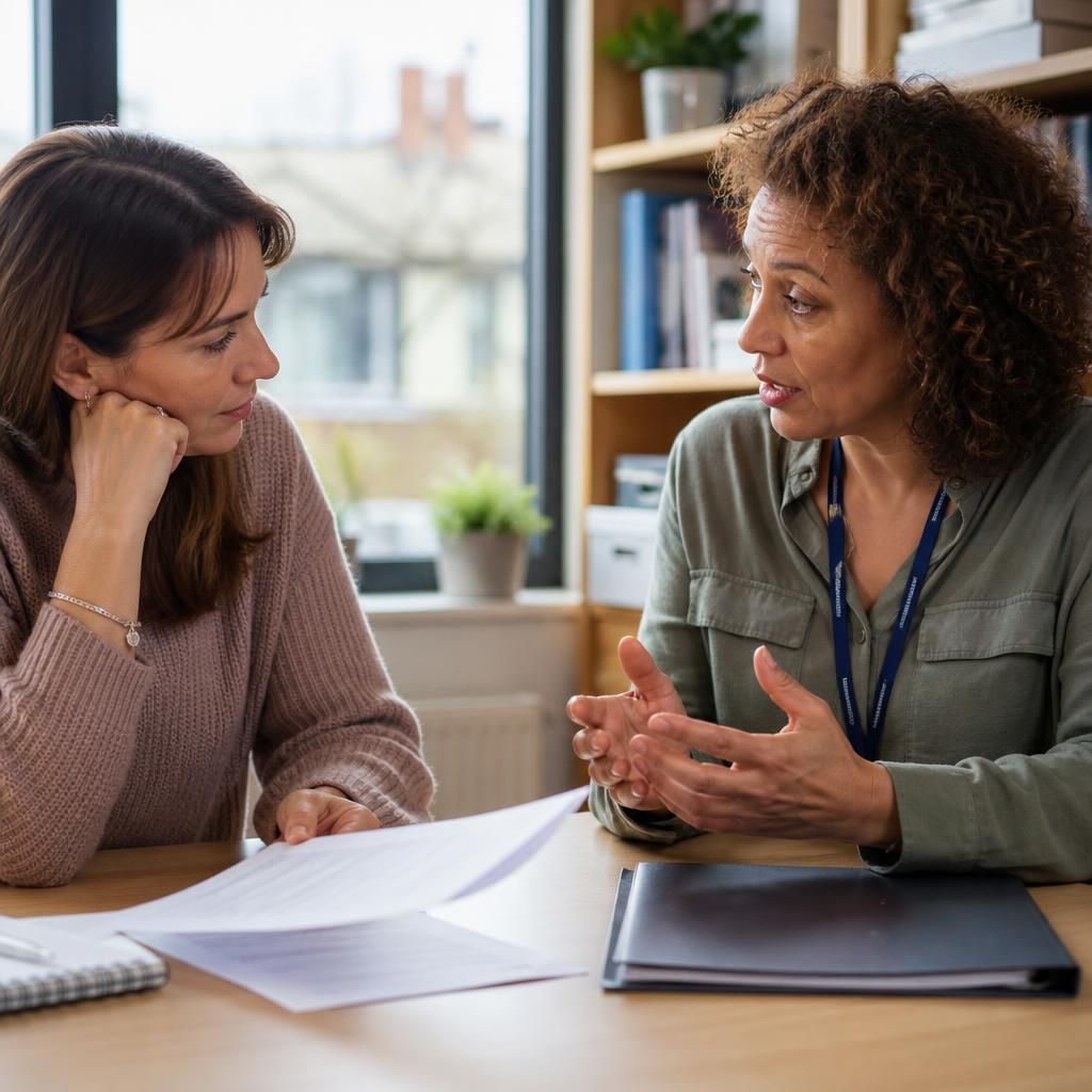 Prospective foster carer discussing application paperwork with a social worker