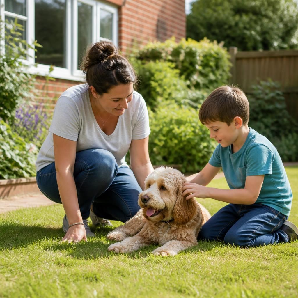 Foster carer supervising a child playing with a family dog in the garden