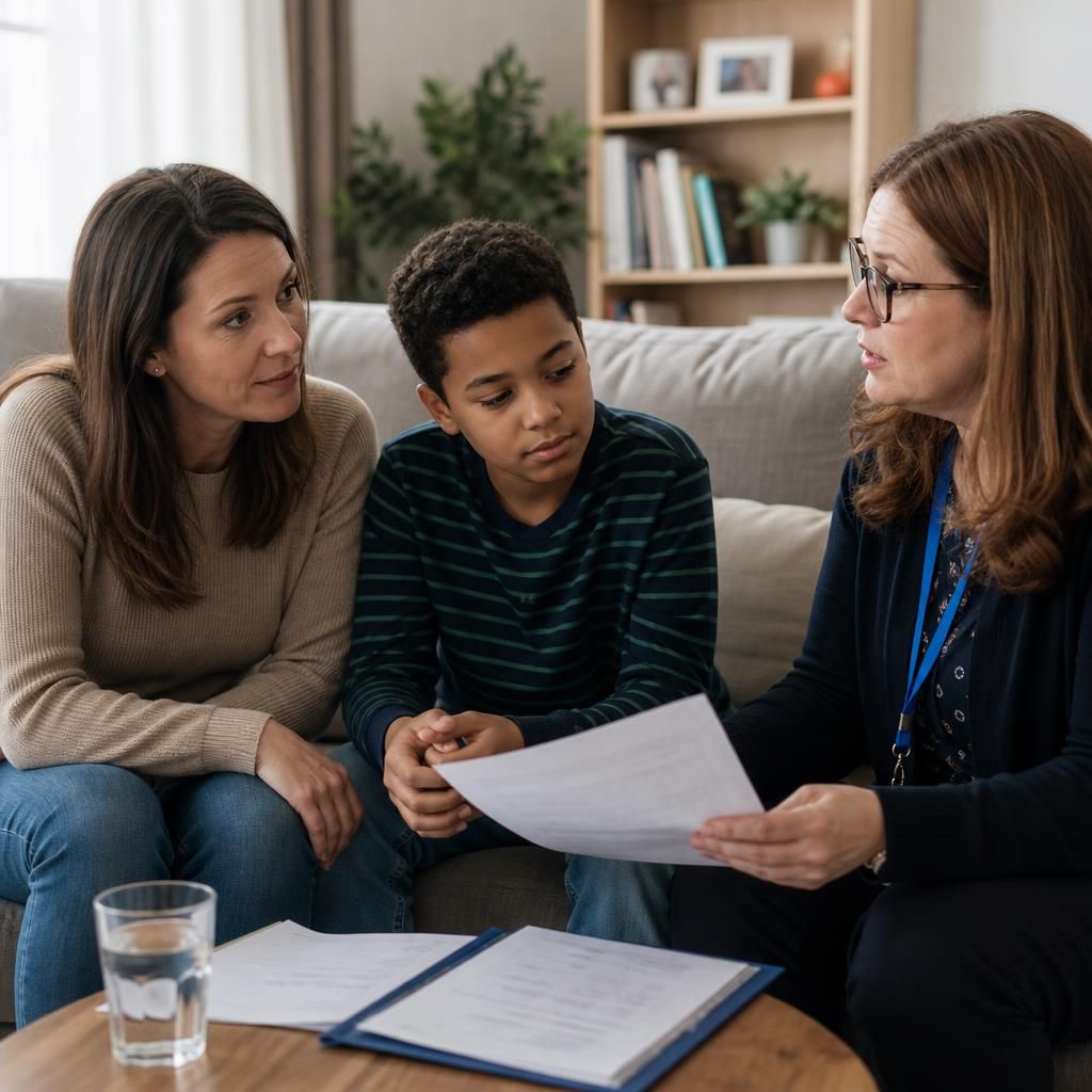 Foster carer and child discussing a placement plan with a social worker