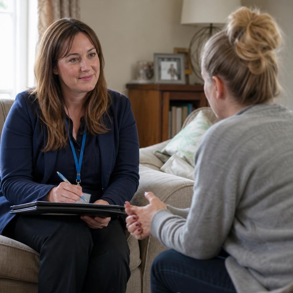 Foster carer speaking with an assessing social worker during a home visit
