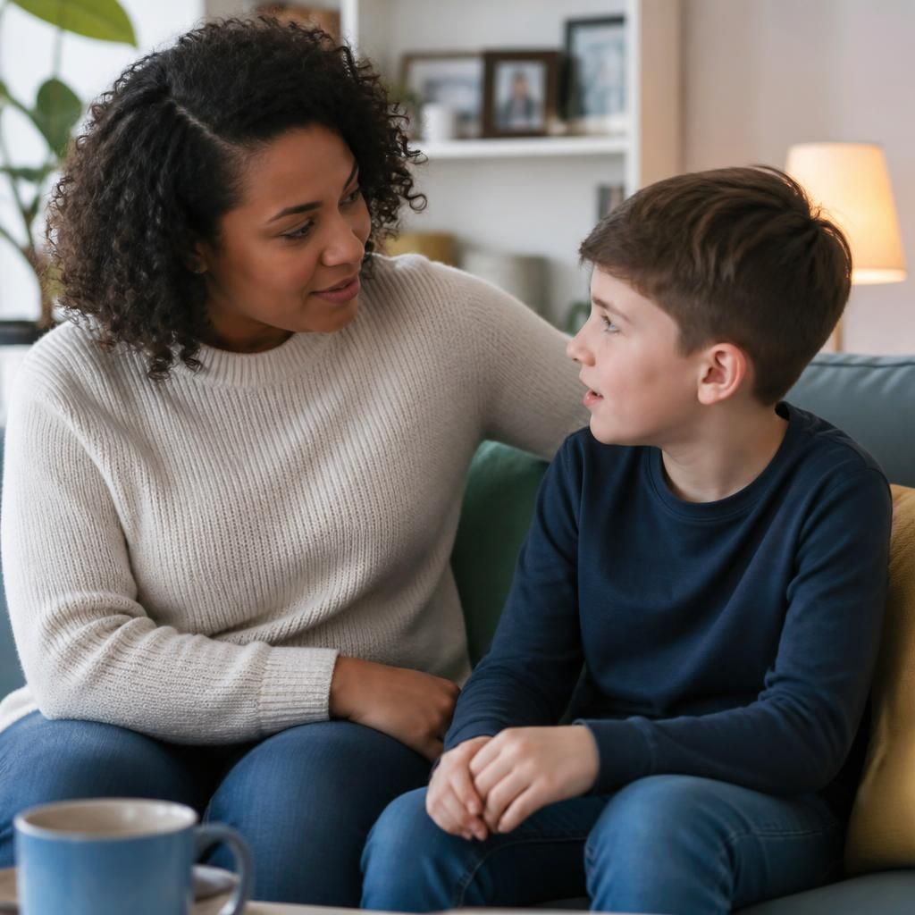 Foster carer talking with a child at home