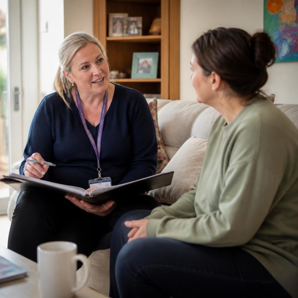 Foster carer speaking with a supervising social worker during a home visit